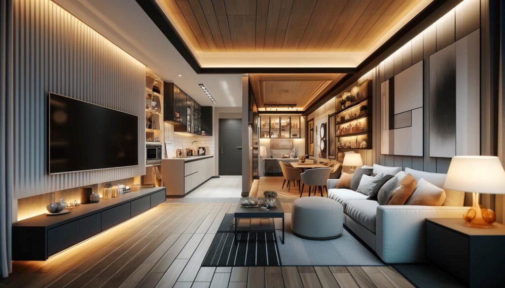A modern, well-lit basement transformed into a living space, featuring a cozy family room area with a comfortable sofa and a large flat-screen TV