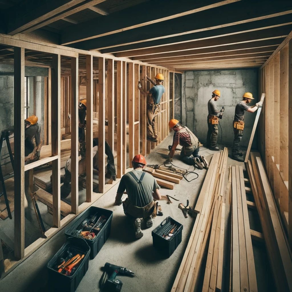  A construction scene showing workers framing a basement with wooden studs. The image captures a team of carpenters using tools like hammers