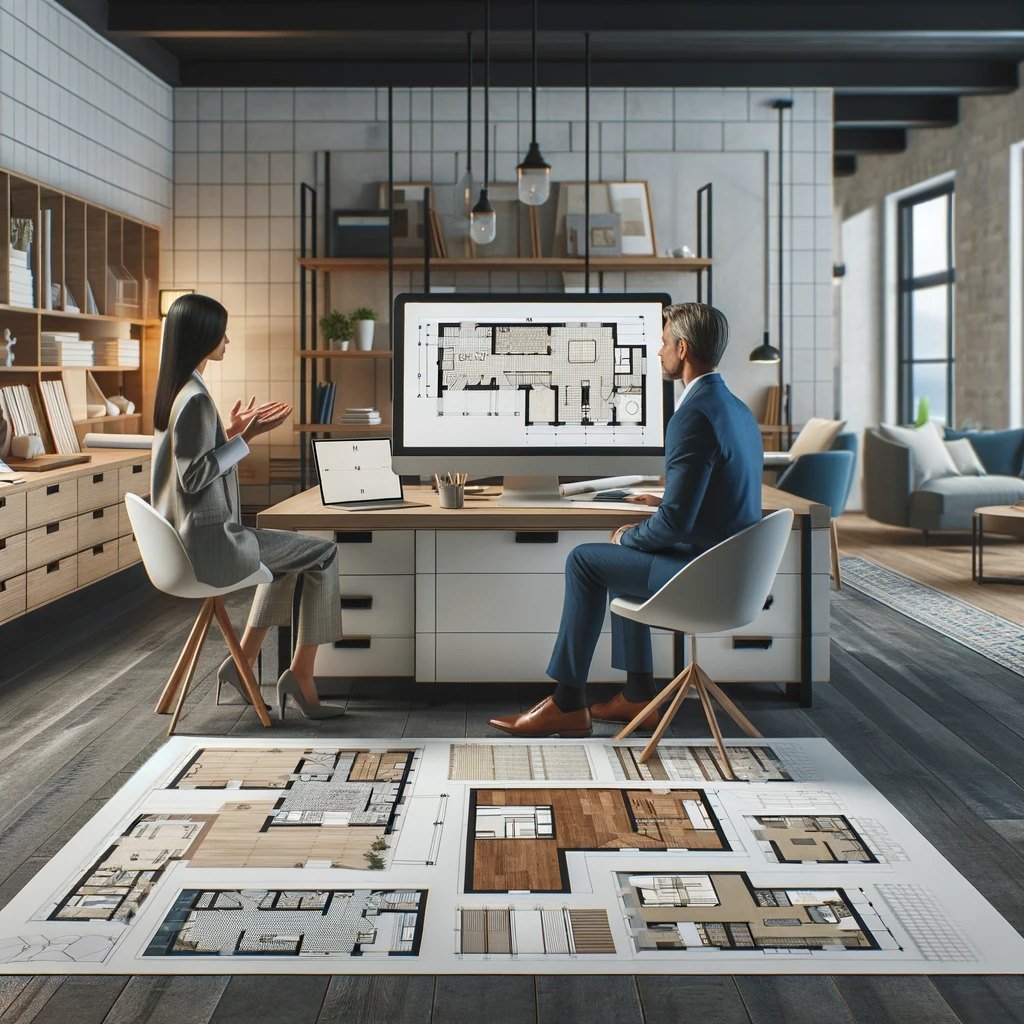 A professional and modern home design office with large desks, architectural drawings spread out, and a computer displaying a basement floor plan.