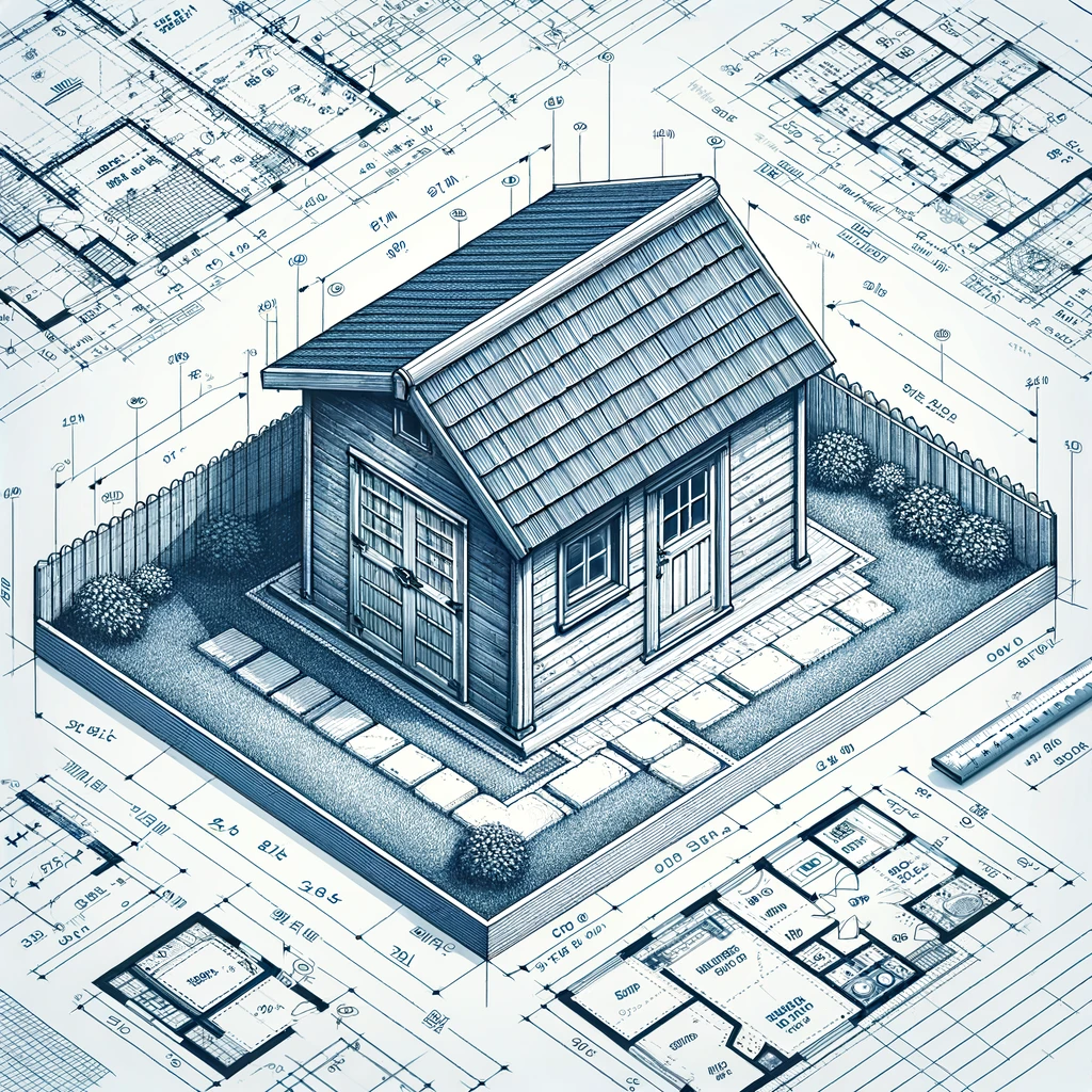 A detailed architectural blueprint of a small garden shed. The blueprint should feature a top-down view and side elevations, displaying measurements