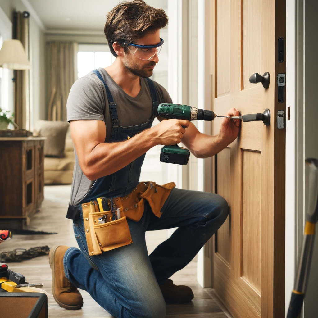 A scene of a single man installing a new door in a residential home. The man is middle-aged, wearing a work outfit consisting of jeans and a t-shirt