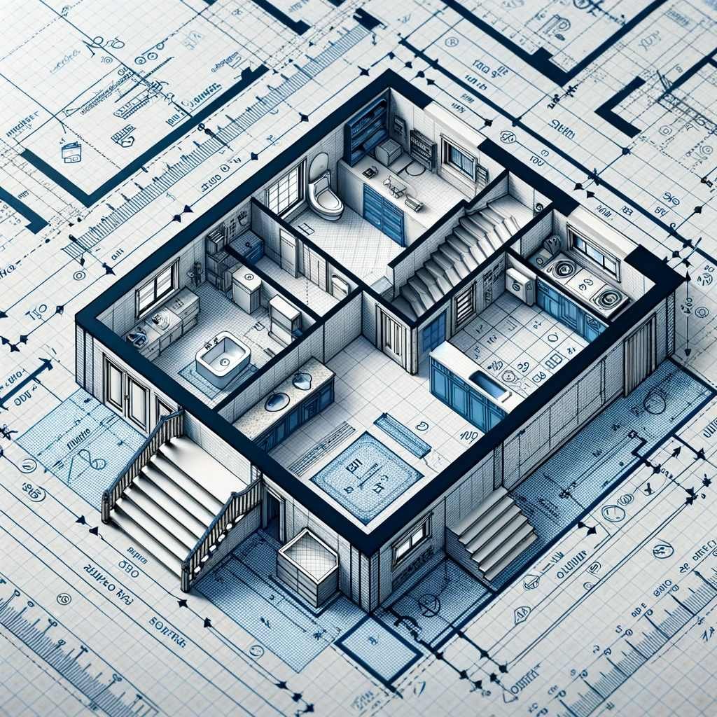 A detailed architectural blueprint of a basement layout. The blueprint should feature a top-down view, displaying measurements