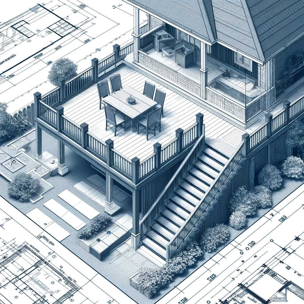 A detailed architectural blueprint of a residential outdoor deck. The blueprint should feature a top-down view and side elevations,