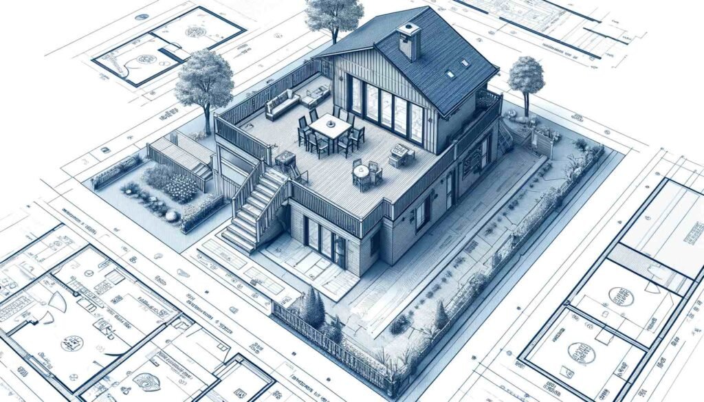 A detailed architectural blueprint of a residential outdoor deck, in a wide format. The blueprint should feature a top-down view