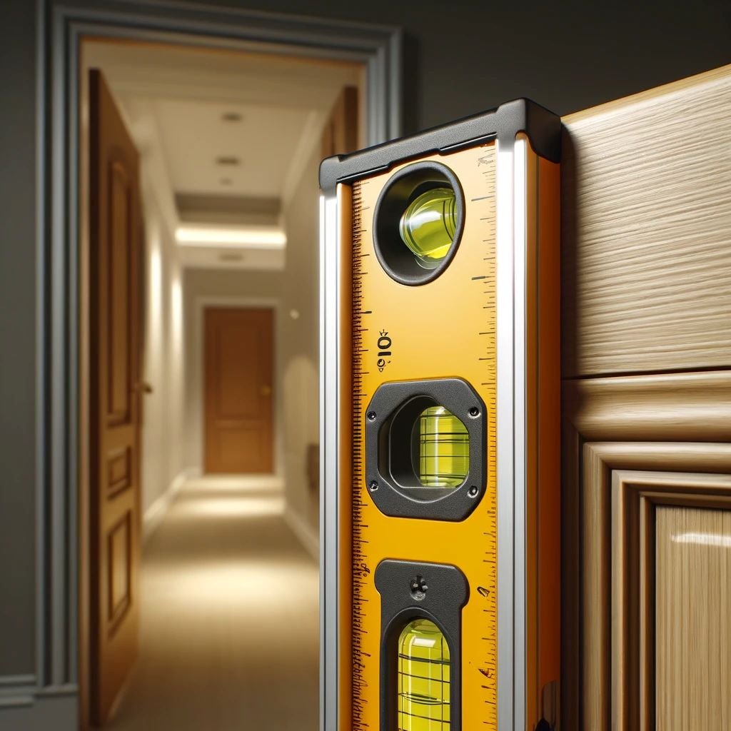 A realistic image of a carpenter's level tool placed horizontally on top of a newly installed door in a residential setting.