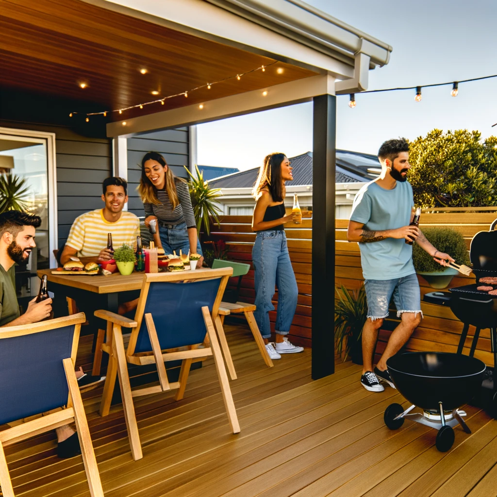 A lively scene of a group of people enjoying a barbecue on a residential outdoor deck. The deck is spacious and made of polished wood,