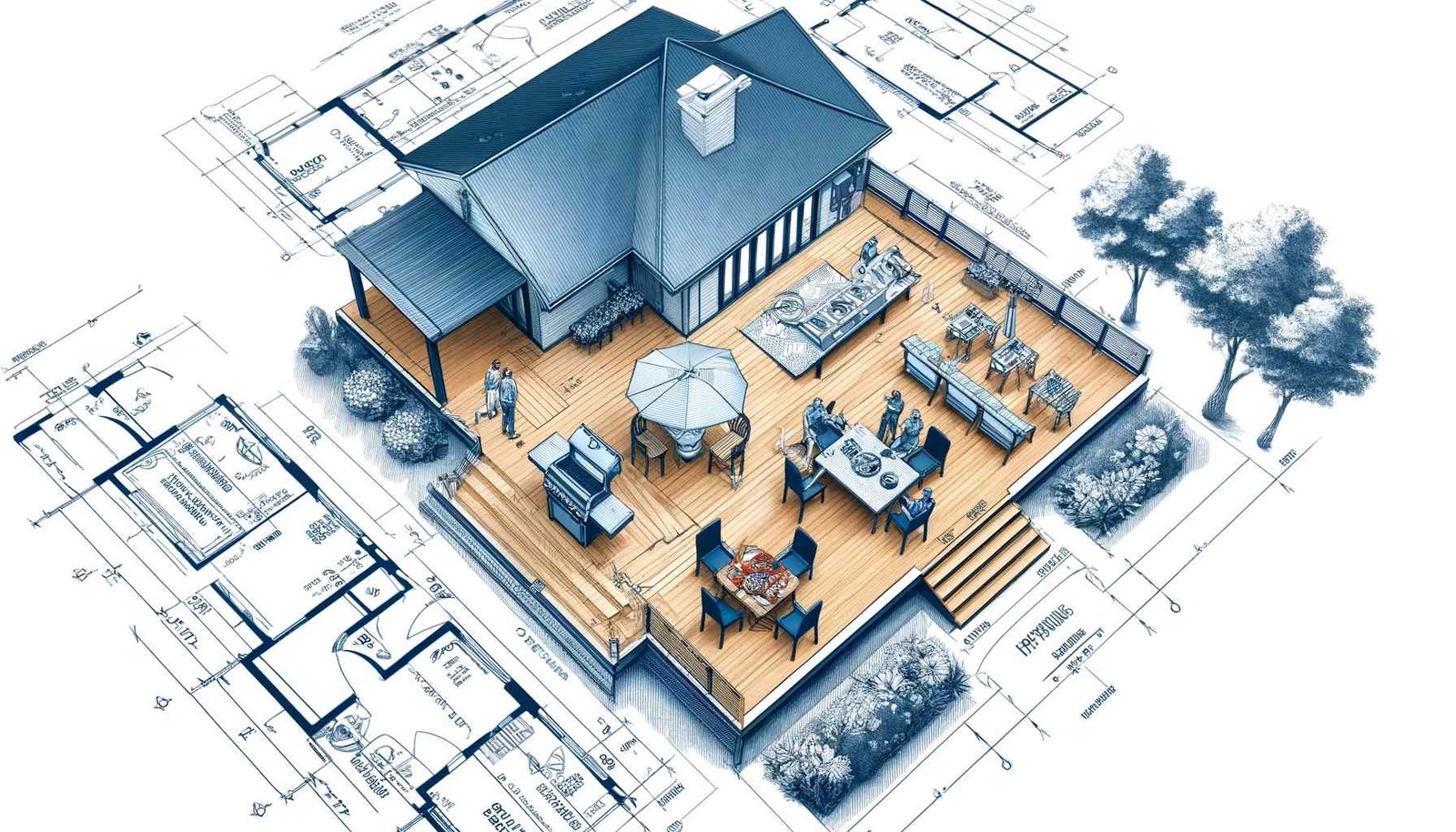 A detailed architectural blueprint of a residential outdoor deck in a wide format, including a top-down view of a barbecue scene.